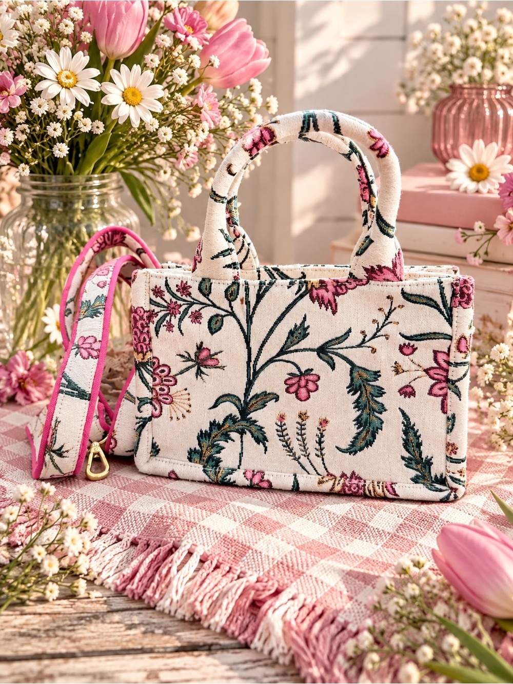 Shiraleah Floral Mini Tote in Pink and Cream